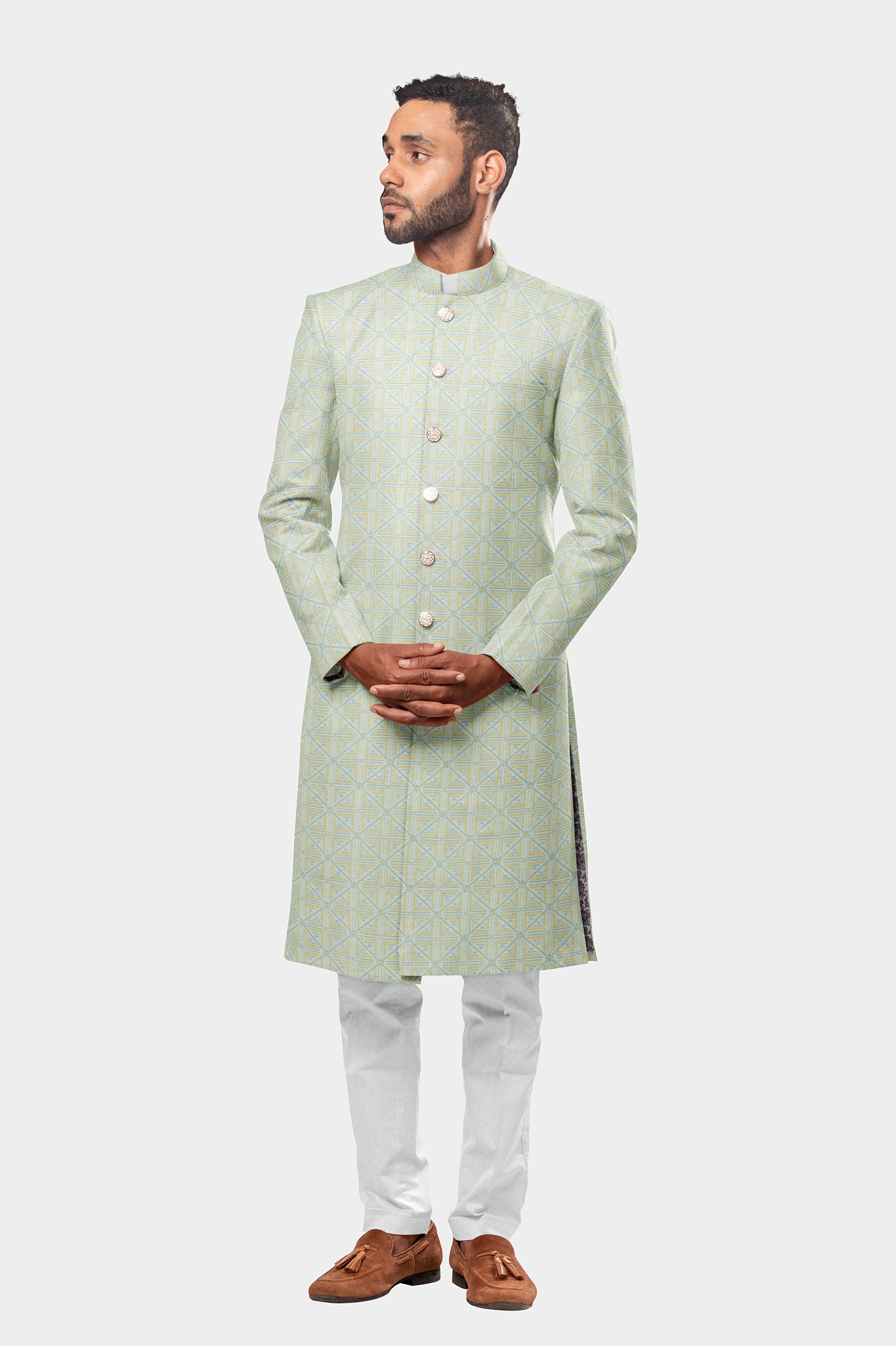 Ivory Canvas with Blue and Gold Block Accents Sherwani 26JK